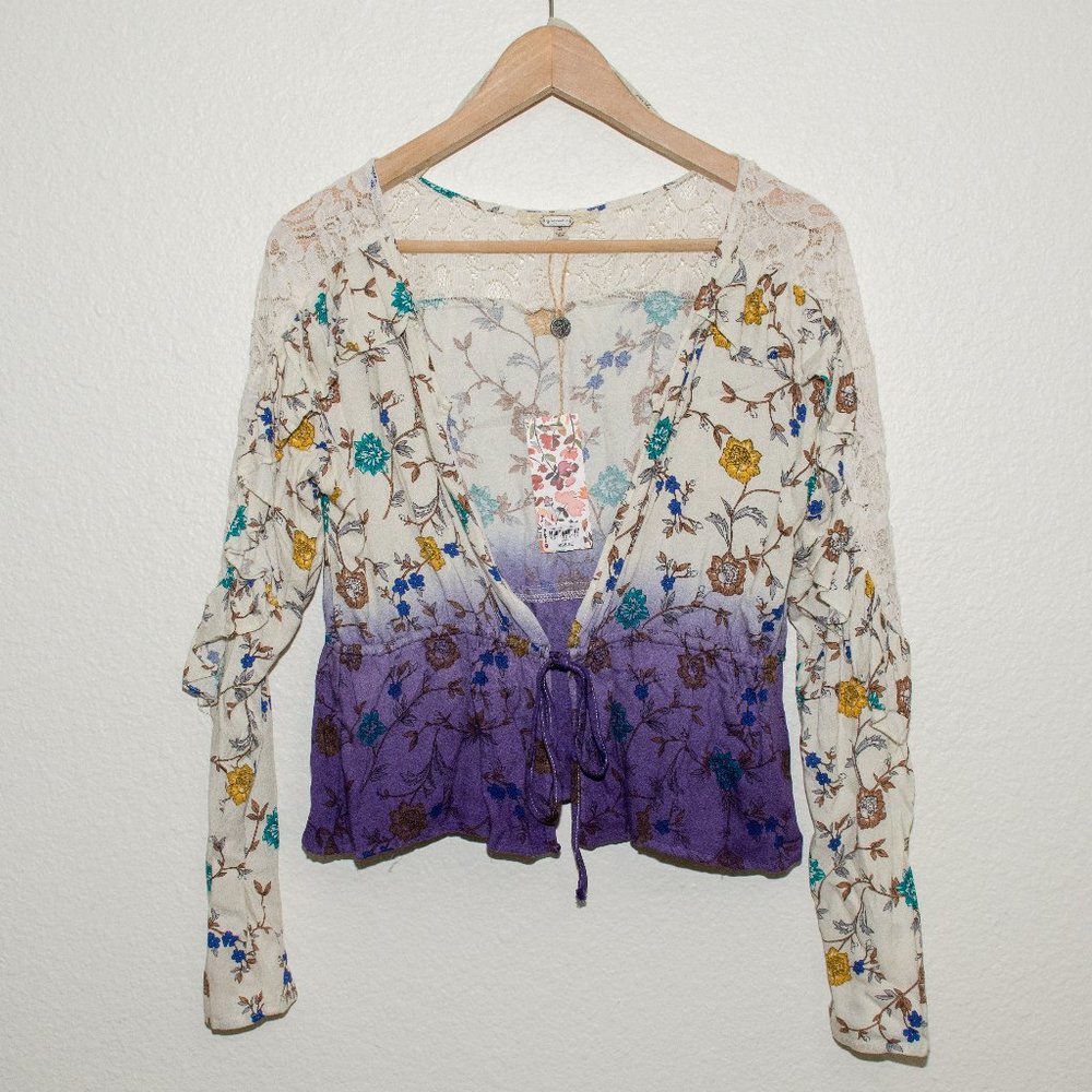 Gimmicks by Buckle Purple Ombre Pleated Ruffle Kimono